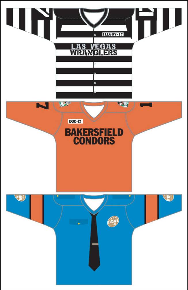 The jerseys for the Las Vegas Wranglers' "Rod Blagojevich Prison Uniform Night" are shown above in this illustration. The Wranglers will face the Bakersfield Condors at the Orleans Arena on Jan. 30 at 7:30 p.m. The Wranglers will wear the black-and-white striped prison style uniforms while the Condors will sport the orange jumpsuit jerseys. The ECHL referees will double as police on the ice.