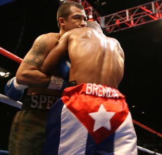 Yuriorkis Gamboa and Roger Gonzalez tangle up during their fight Friday night at Star of the Desert Arena in Primm.