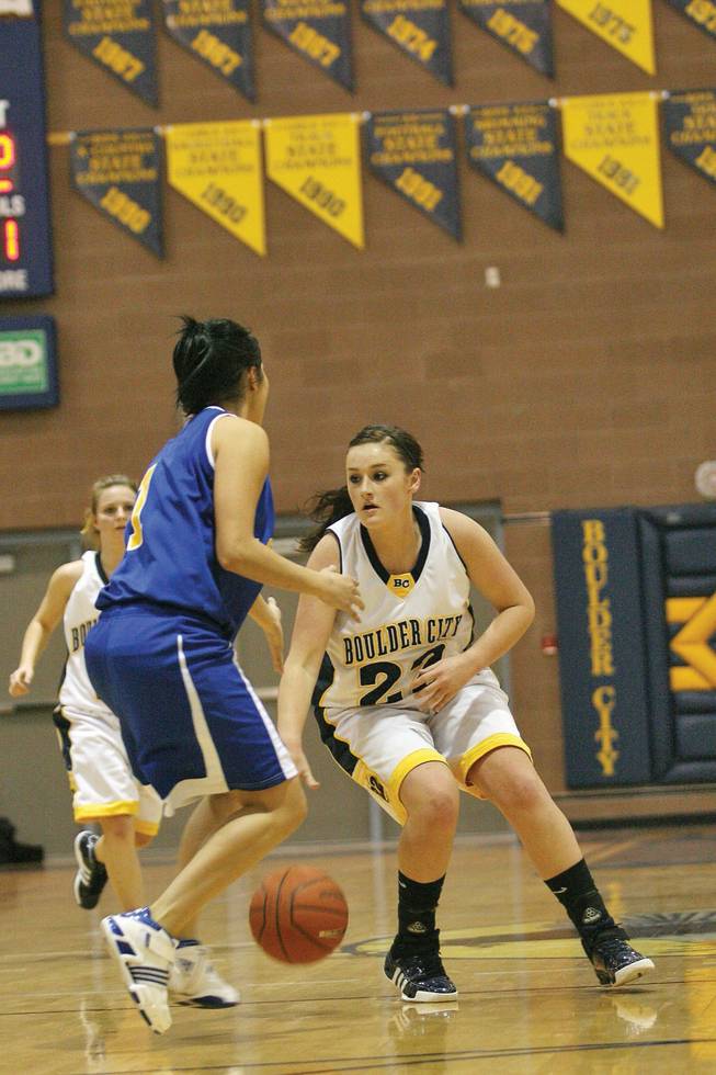 Boulder City's Jessi Forrester, right, dribbles up the court during a home game against Moapa Valley Friday.