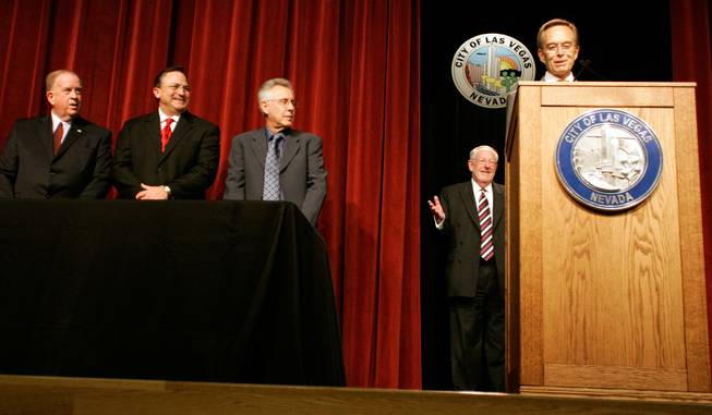 City Manager Douglas Selby, from right, introduces Mayor Oscar Goodman, as City Council members Gary Reese, Steven Ross, and interim councilman David Steinman stand by before the 2009 State of the City address at the Fifth Street School in downtown Las Vegas Tuesday.