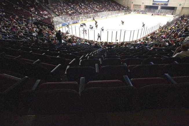 A sparse crowd attends an April 12 playoff game between the Las Vegas Wranglers and the Stockton Thunder at the Orleans Arena.