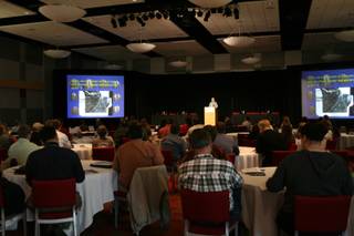 A crowd listens to Wen Baldwin at the UNLV Ballroom for the first Lake Mead Science Symposium Tuesday. Baldwin was presenting new findings on the quagga mussels that have taken over Lake Mead.
