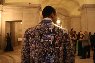 This man's overcoat was made using old Obama campaign door hangers -- and many, many hours of Recycle Runway designer Nancy Judd's time.