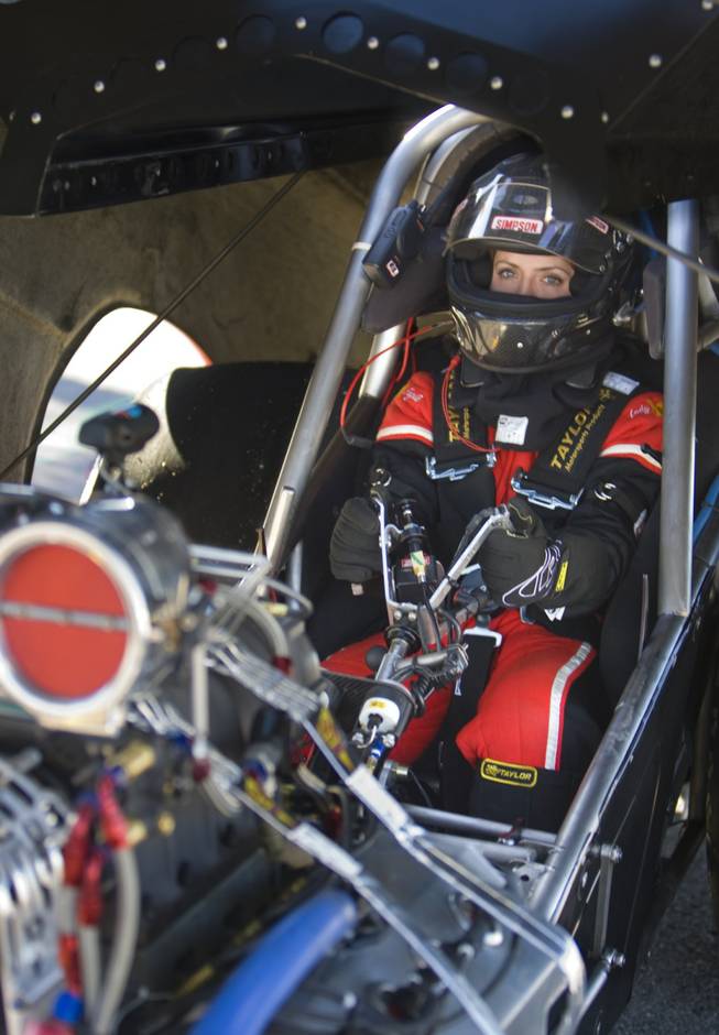 Drag Racer and Henderson resident Jessica Cherniack gets ready to make a test run in her top alcohol funny car during the Blast-off Open Test Session at the Las Vegas Motor Speedway on Sunday.