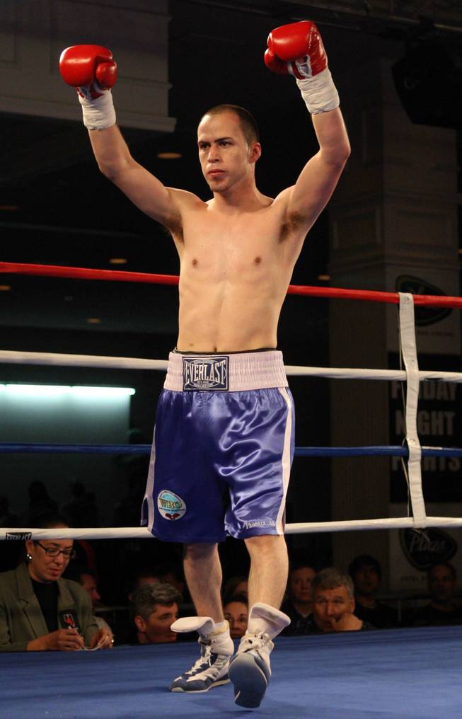 Rafael Valenzuela celebrates his first round TKO victory over Robert Da Luz on Friday at the Plaza in downtown Las Vegas.