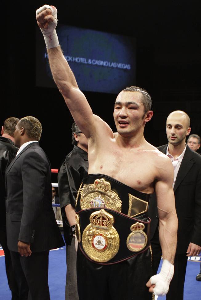 Beibut Shumenov of Kazakhstan celebrates his victory over WBA light heavyweight champion Gabriel Campillo of Spain at the Hard Rock on January 29, 2010.