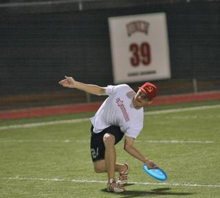 Brian Uran, captain of the UNLV Red Storm frisbee team, prepares to throw during practice at the UNLV practice fields.