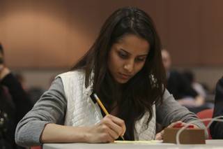 The Meadows' Prakriti Gaba solves a math question during the championship round against Shadow Ridge at the 18th Annual Nevada Regional Science Bowl at UNLV Saturday.
