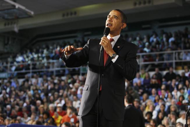 President Barack Obama holds a town hall style meeting about the economic stimulus package Monday at Concord Community High School in Elkhart, Ind.