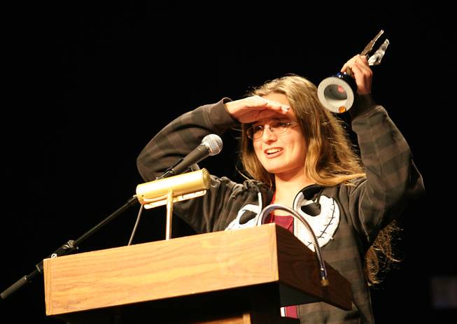 Amber Beard thanks the crowd after receiving the Best Nevada Film Award for her film "Growing up Vegas" during the fifth annual Dam Short Film Festival on Saturday.