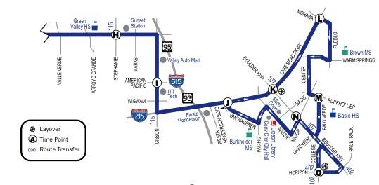 Map of the current RTC route 217 in downtown Henderson.