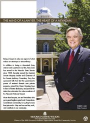 Law and lobbying firm McDonald Carano Wilson has as a partner state Sen. Terry Care, D-Las Vegas, whose ad highlights the ties between business and government.
