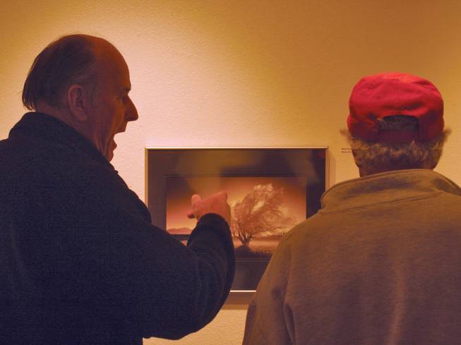 Ralph Hutchersib, left, and Michael Schweneig talk about the photo "Wind Gusts to 30" by Rick Holmes at the Nevada Camera Club's Juried 2009 show.