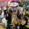 Kyle Busch celebrates winning the Shelby 427 NASCAR Sprint Cup Series race on Sunday.