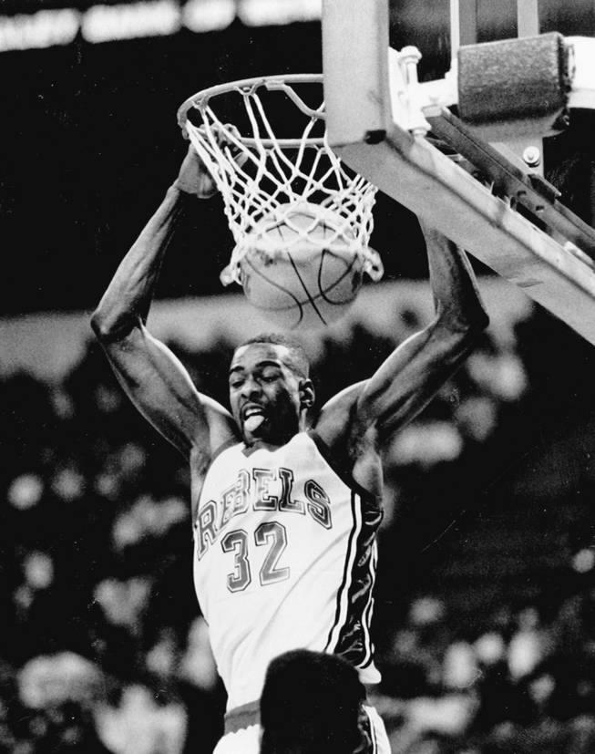 Stacey Augmon throws down a dunk during his UNLV career. Augmon, a former national champion and All-American for the Rebels, starred for Jerry Tarkanian from 1987-91, leaving the program as its third all-time leading scorer.