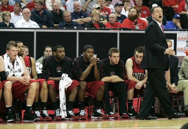 UNLV coach Lon Kruger yells instructions during their game against San Diego State at the Mountain West Conference basketball championships Thursday.