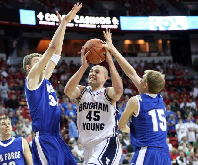 Jonathan Tavernari takes it up against Air Force on Thursday as BYU plays in the Mountain West Conference tournament at the Thomas & Mack Center.