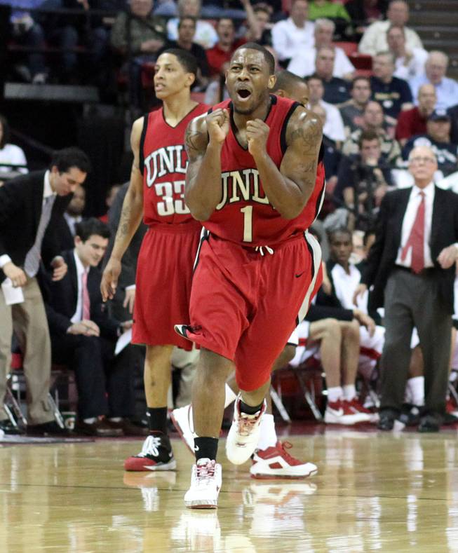 Wink Adams shows his frustration as UNLV takes on San Diego State on Thursday in the Mountain West Conference tournament at the Thomas & Mack Center. The Rebels fell for the third time this season to the Aztecs, 71-57.
