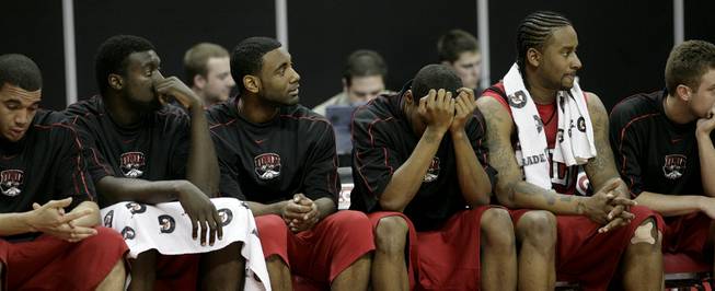 The Rebels bench looks on as UNLV takes on San Diego State on Thursday in the Mountain West Conference tournament at the Thomas & Mack Center. The Rebels fell for the third time this season to the Aztecs, 71-57.