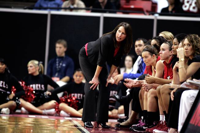 UNLV head coach Kathy Olivier watches the game from the sidelines during their game against Texas Christian University during the quarterfinals of the Mountain West Championship at the Thomas & Mack Center.