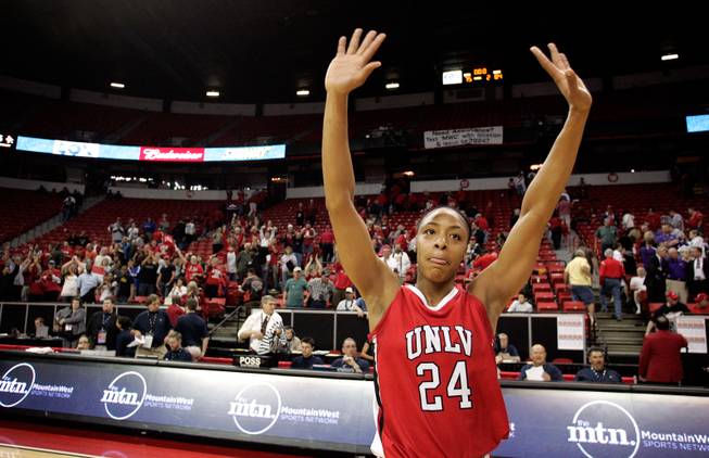 Shamela Hampton of UNLV celebrates a 84-75 win over Texas Christian University during the quarterfinals of the Mountain West Championship on Wednesday at the Thomas & Mack Center.