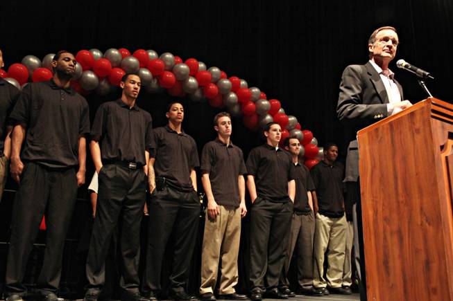 UNLV men's basketball head coach Lon Kruger speaks Sunday at the 2009 Runnin' Rebel Banquet at Cox Pavilion.