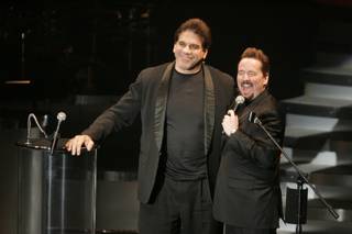 Terry Fator introduces Lou Ferrigno during his opening night Saturday at The Mirage.