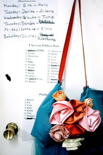 A costume hangs near a wardrobe list for Folies Bergere.