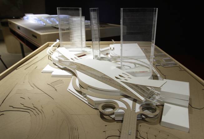 A model of a proposed Las Vegas station is displayed during a news conference for the DesertXpress high-speed rail project Thursday, March 25, 2010.
