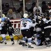 The Las Vegas Wranglers and Alaska Aces erupt into a riot on the ice during the second period at the Orleans Arena on March 24, 2009. The ensuing scrum resulted in Chris Ferraro being taken off on a stretcher with a broken leg and the Wranglers being left shorthanded by two skaters for a full five minutes, during which the Aces scored three power play goals in their 5-3 victory.