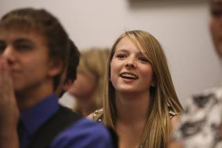 Foothill junior Kayla Cothrun smiles as it was announced she won first place in the Las Vegas Environmental Essay Contest and named the first Environmental Youth Ambassador for Nevada Wednesday during a reception held at Foothill High School.