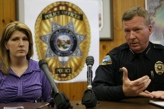 Boulder City Police Detective Michelle Isham, left, and Chief Thomas Finn said police are expecting tonight to file eight additional charges against Charles Richard "Rick" Rogers, who last week was arrested and charged with 64 counts of possession of child pornography.