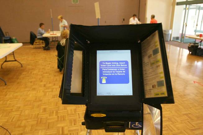 Voting equipment is seen Tuesday as residents vote in the municipal primary election at the Desert Vista Community Center in Sun City Summerlin.