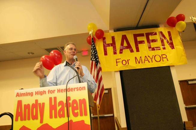 Henderson mayoral candidate Andy Hafen addresses supporters Tuesday during his election results party at the Henderson Convention Center.