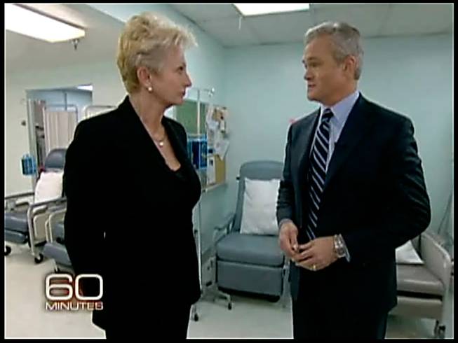 University Medical Center CEO Kathy Silver is interviewed by "60 Minutes" correspondent Scott Pelley in the hospital's closed chemotherapy unit for a story that aired Sunday. Some worry the piece will damage efforts to recruit companies and professionals to Southern Nevada.