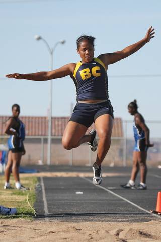 Boulder City High senior Endea Dawson competes in the long jump during the track meet against Basic and Green Valley High.
