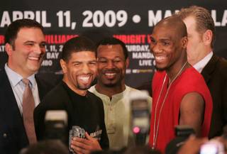 From left, promoter Richard Schaefer, Winky Wright, former boxer Shane Mosley, Paul Williams and Dan Goosen (hidden) smile during a news conference in advance of their Saturday fight Thursday, April 9, 2009 at Mandalay Bay.  