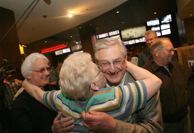 Bill Boyd, executive chairman of Sam's Town, is greeted by Barbara Gugliucci, a customer of 27 years during the hotel's anniversary April 11, 2009.
