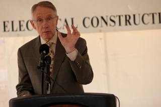 Senate Majority Leader Harry Reid, D-Nev., talks as he readies to flip the switch on Nevada's first wind turbine in a ceremony at the International Brotherhood of Electrical Workers Local 357, 620 Legion Way.