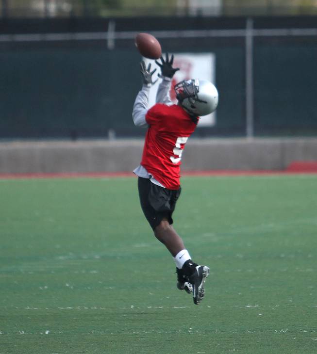 UNLV sophomore safety Chris Jones runs through drills during spring practices. Now up around 190 pounds with added strength and quickness, the former Shadow Ridge High quarterback is in serious contention for a starting safety spot with the Rebels.