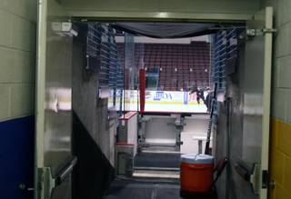 Unlike the Orleans Arena, the Wranglers' locker room at Rabobank Arena leads directly to their bench. This is the view from that connecting tunnel in Bakersfield.