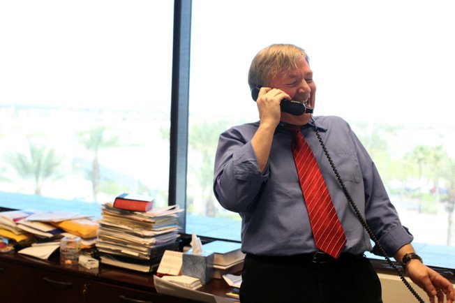 Deputy managing editor Drex Heikes spreads word Monday of the Las Vegas Sun's win of the Pulitzer Prize for public service for exposing a high death rate among construction workers on the Las Vegas Strip.