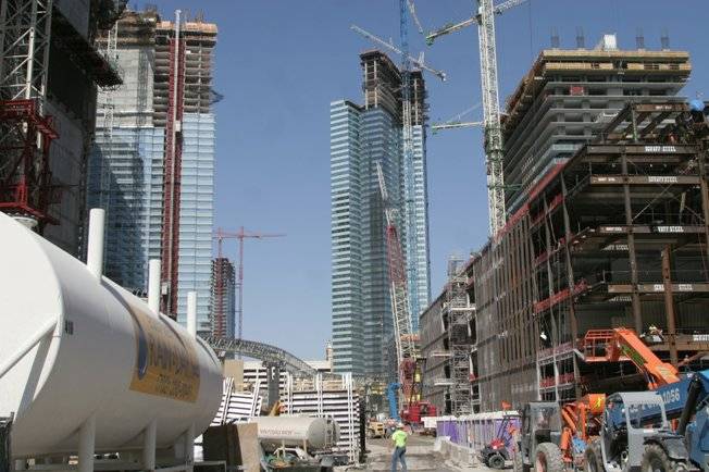 The CityCenter project is shown in May 2008, shortly after an ironworker died after falling 59 feet through a hole in a floor. An OSHA-required backup deck or netting was not in place at the time. 