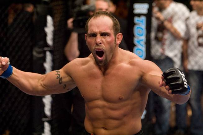 Shane Carwin celebrates after his knockout victory over Christian Wellisch at UFC 84 on May 24, 2008 in Las Vegas.