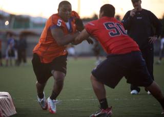 Bishop Gorman High senior-to-be defensive end Alex Turner competes against Liberty's Michael Rosal April 25 during a skills competition at Valley hosted by the Southern Nevada Football Coaches Association. Turner, who verbally committed to Stanford, was the event's most notable athlete in attendance.