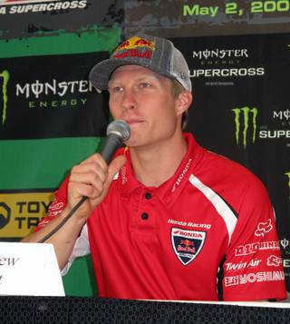Andrew Short address the media at a press conference inside Sam Boyd Stadium Friday. Short enters Saturday's Monster Energy AMA Supercross finale in third place with 257 points.