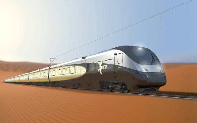 A rendering shows a DesertXpress train, which is expected to reach a top speed of about 150 miles per hour and travel between Victorville, Calif., and Las Vegas.