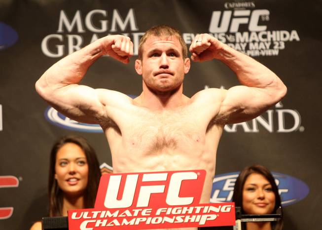 Matt Hughes flexes during the UFC 98 official weigh-in at the MGM Grand Garden Arena. 