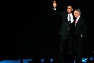 President Barack Obama and Senate Majority Leader Harry Reid embrace during a fundraiser at The Colosseum at Caesars Palace in Las Vegas Tuesday.