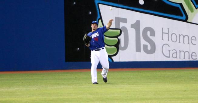 51s outfielder Travis Snider throws the ball in after making a play in left. After spending 32 games with the Blue Jays to start the season, he was sent down to Las Vegas for an opportunity to play every day and get ready for an everyday gig down the road with the big club.
